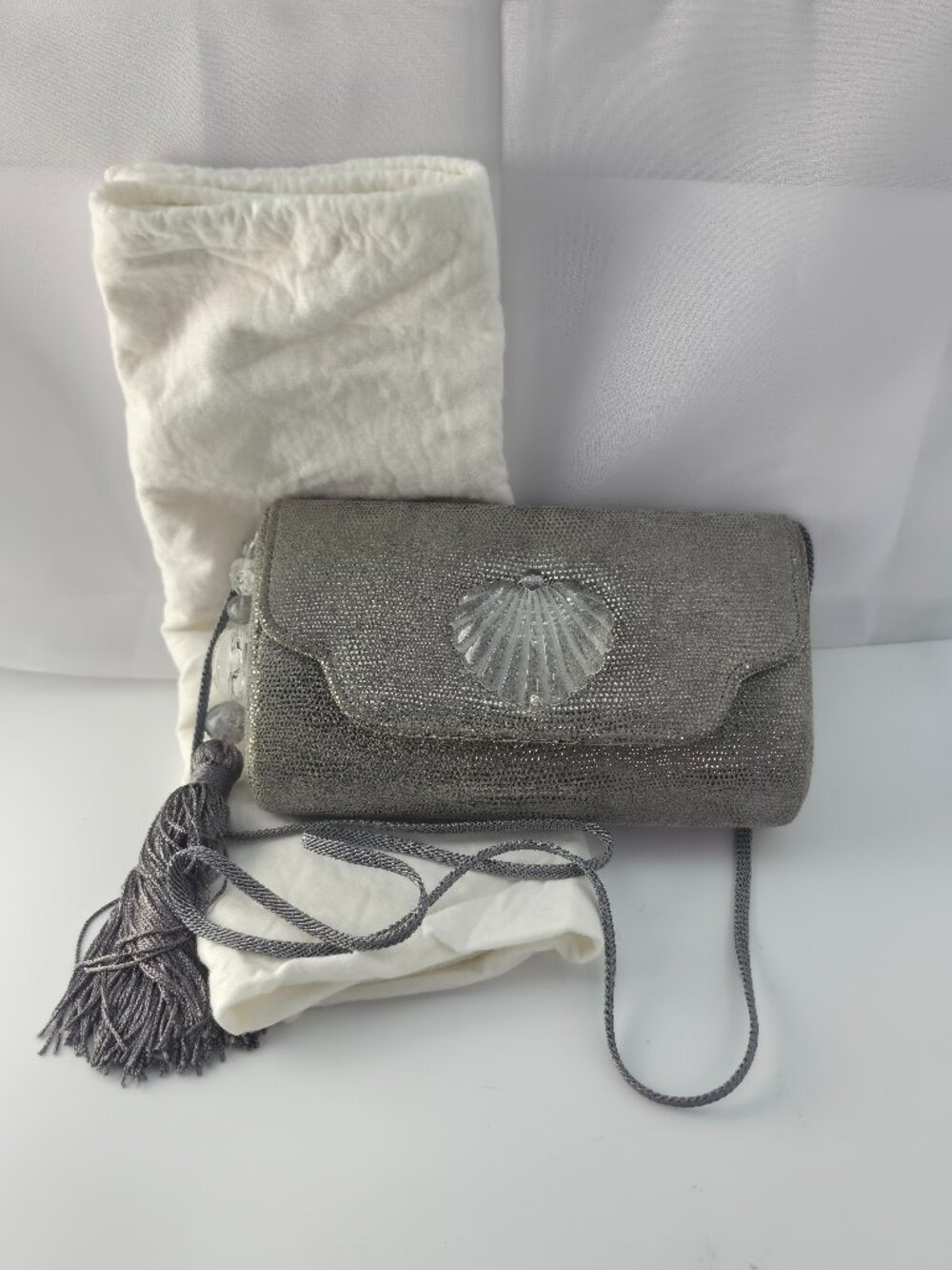 Rafael Sanchez Gray Snakeskin Clutch Evening Bag Purse Lucite Shell Tassel